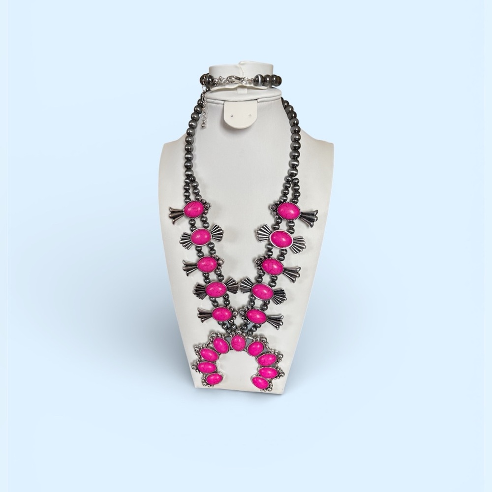 New Southwestern Boho Squash Blossom Naja Pink & Silver Statement Necklace - Picture 6 of 14